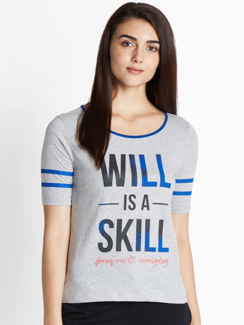 

Ajile by Pantaloons Women Grey Melange Printed Round Neck Pure Cotton T-shirt
