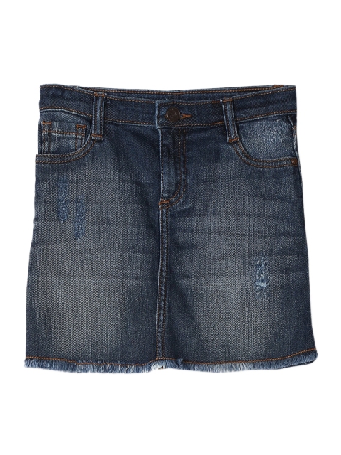 

Cherokee Girls Blue Washed Distressed Denim Straight Knee-Length Pure Cotton Skirt