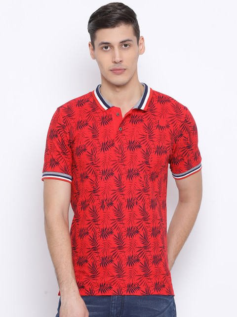 

REALM Men Red Printed Polo Collar T-shirt