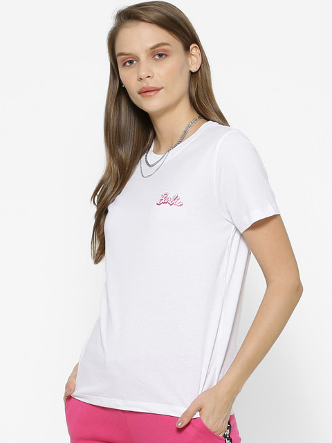 

FOREVER 21 Women White & Black Barbie Printed Pure Cotton Top