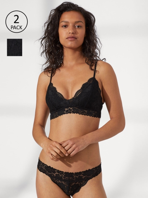 

H&M Women 2-Pack Lace Thong Briefs, Black