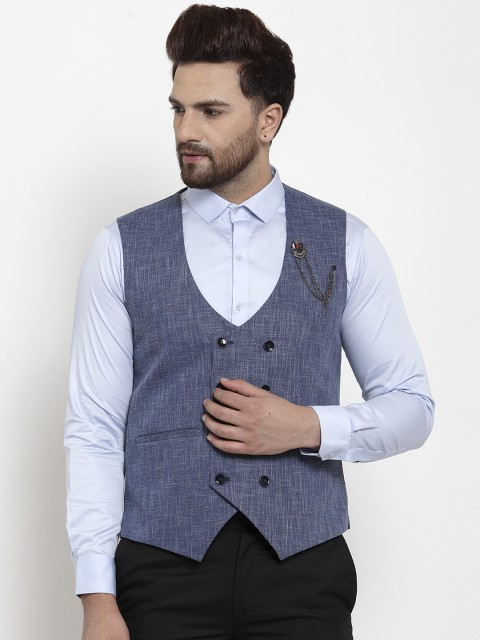 

MAXENCE Men Grey Woven Design Double-Breasted Waistcoat, Blue