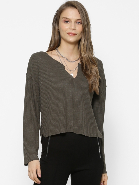

FOREVER 21 Women Olive Green Self Design Top