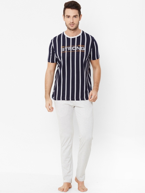 

Sweet Dreams Men Navy Blue & Grey Melange Pure Cotton Striped Night Suit