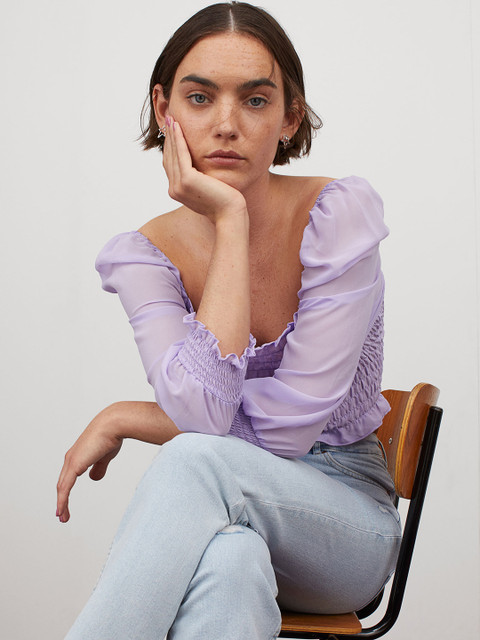 

H&M Women Lavender Solid Short Smocked Top