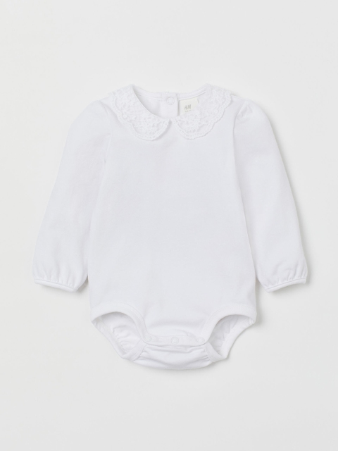 

H&M Girls White Solid Lace-Collar Bodysuit