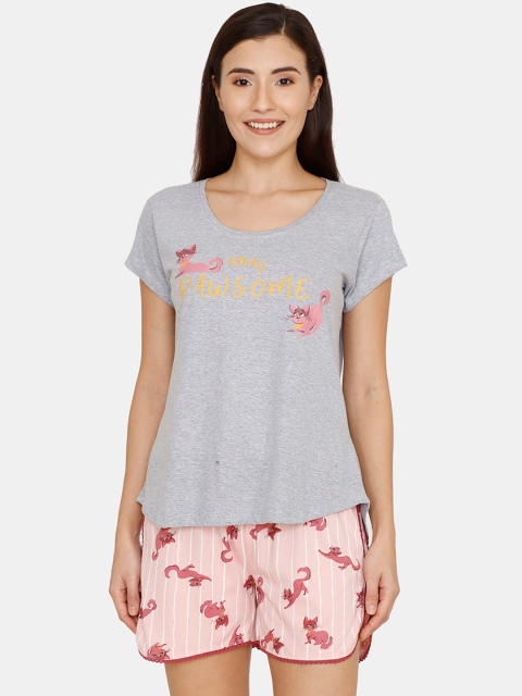 

Zivame Women Grey & Pink Printed Night suit