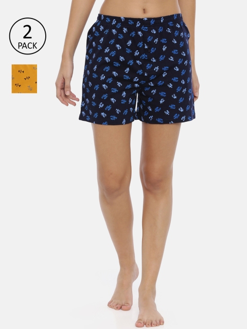 

Curare Women Pack Of 2 Blue & Yellow Printed Lounge Shorts