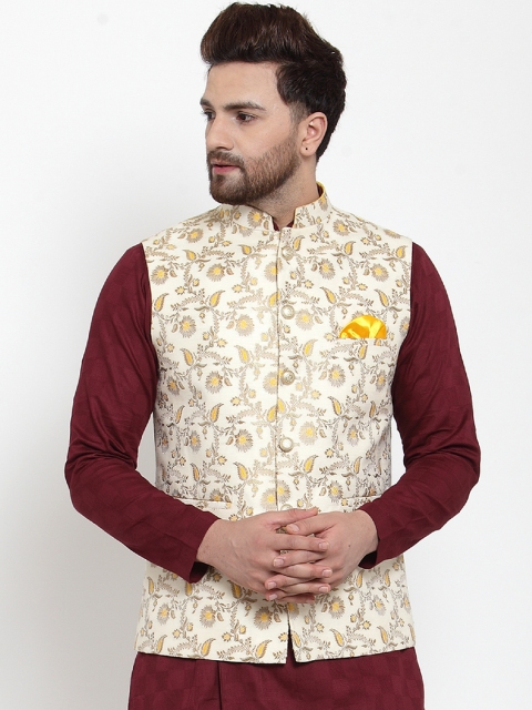 

MAXENCE Men Cream Floral Nehru Jacket With Pocket Square