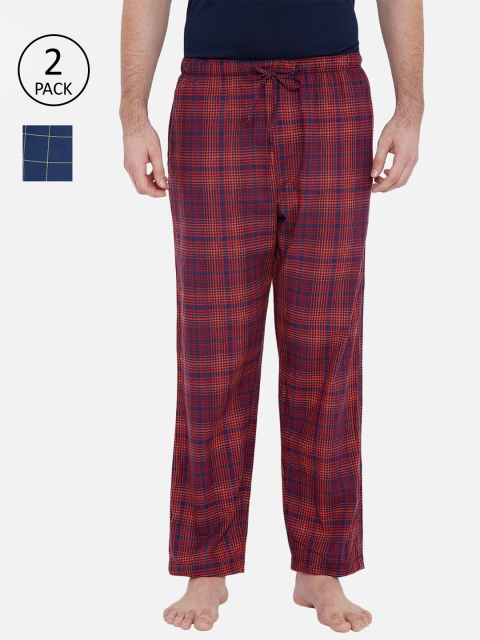 

XYXX Men Pack of 2 Checked Combed Cotton Lounge Pants, Red