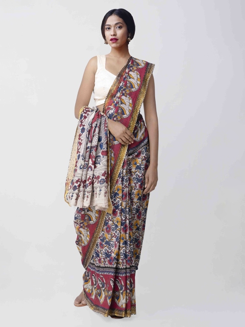 

Unnati Silks Beige & Maroon Kalamkari Pure Cotton Printed Saree