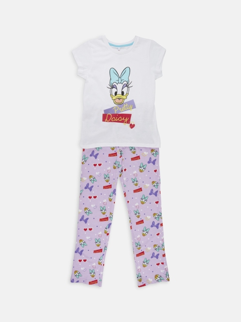 POPPERS by Pantaloons Girls White & Purple Printed T-shirt with Pyjamas