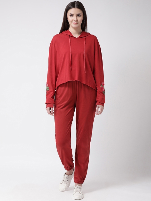 

Aayna Women Red & Pink Embroidered Hooded Tracksuit