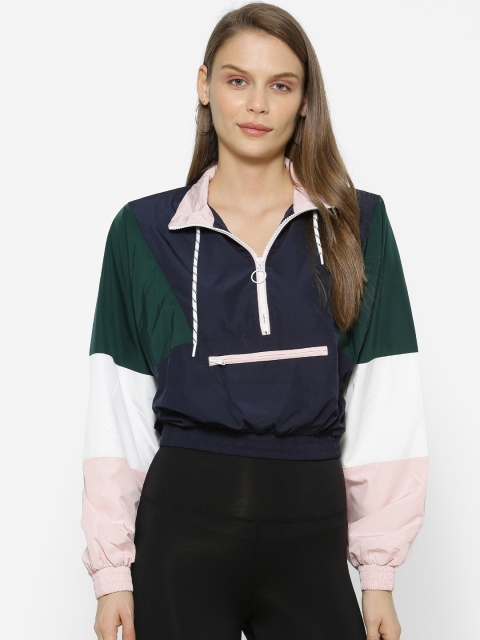 

FOREVER 21 Women Navy Blue & Green Colourblocked Windbreaker Bomber Jacket