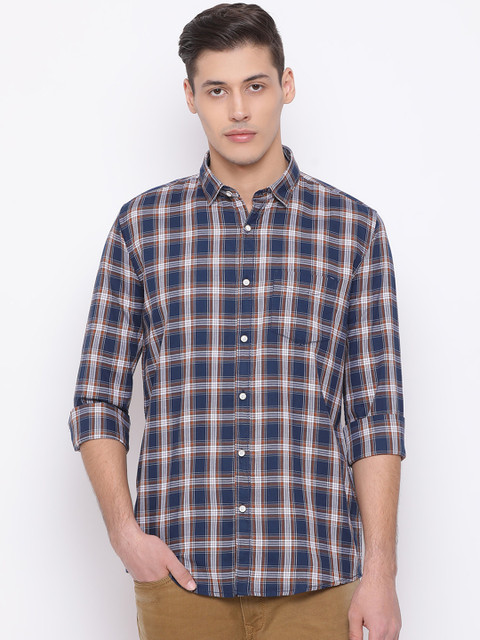 

Richlook Men Navy Blue & Coffee Brown Slim Fit Checked Casual Shirt
