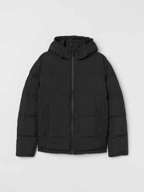 

H&M Men Black Solid Padded Hooded Jacket
