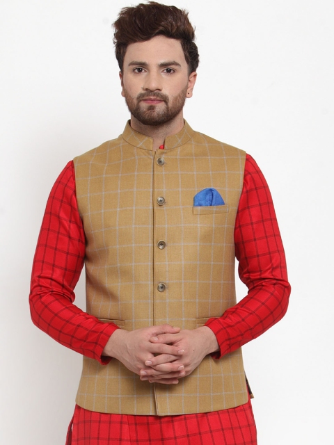 

MAXENCE Men Mustard Brown & Blue Checked Nehru Jacket With Pocket Square