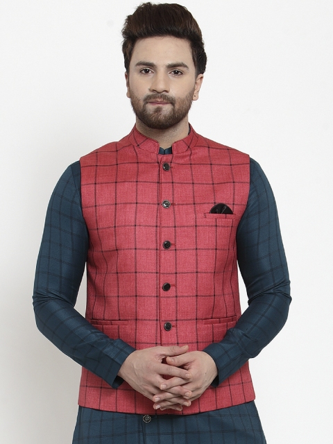 

MAXENCE Men Red & Black Checked Nehru Jacket