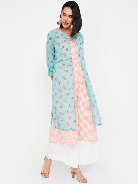 

Melange by Lifestyle Women Blue & Pink Checked A-Line Kurta With Jacket