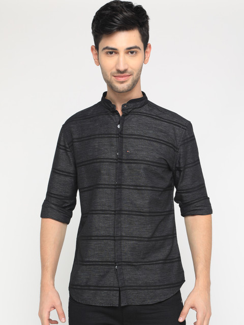 

WITH Men Black & Grey Slim Fit Striped Casual Shirt