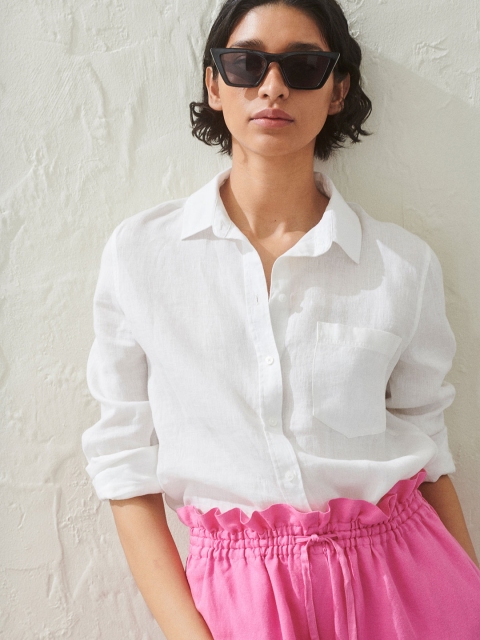 

H&M Women White Solid Linen Shirt