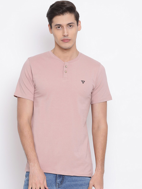 

REALM Men Old Rose Pink Solid Henley Neck T-shirt