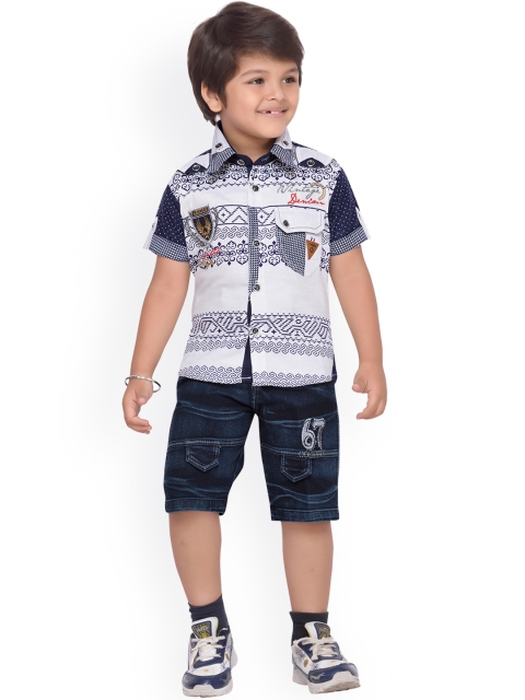 

Aj DEZInES Boys White & Blue Printed Shirt with Shorts