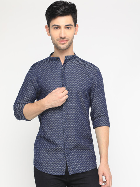 

WITH Men Blue & Grey Slim Fit Checked Casual Shirt