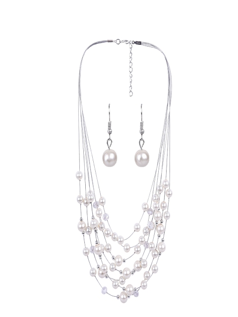 

AQUASTREET Silver-Plated White Pearl-Studded Multi-Layered Jewellery Set