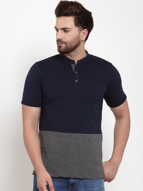 

Kalt Men Navy Blue & Grey Melange Colourblocked Mandarin Collar T-shirt