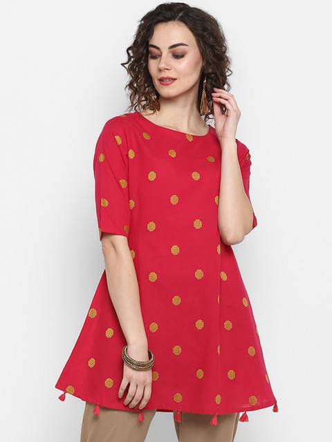 

Janasya Women's Red & Yellow Self Design Tasselled Tunic