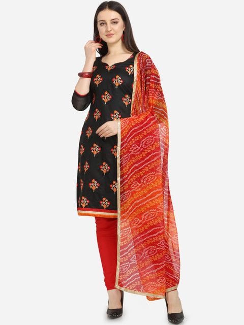 

Ethnic Junction Black & Red Cotton Blend Unstitched Dress Material