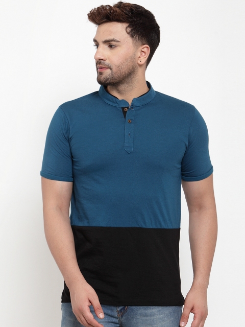 Kalt Men Teal Blue & Black Colourblocked Mandarin Collar T-shirt