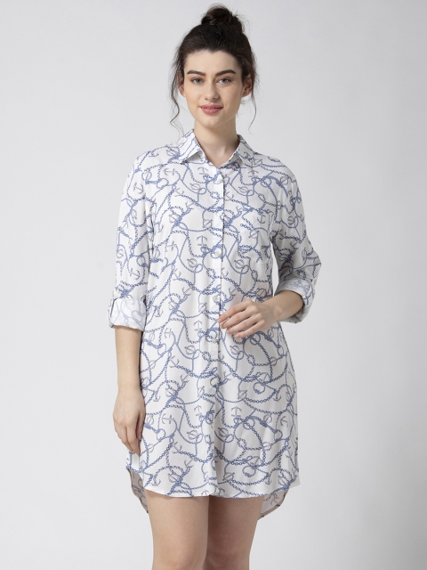 

ADORENITE Women White & Blue Nautical Print Sleep Shirt