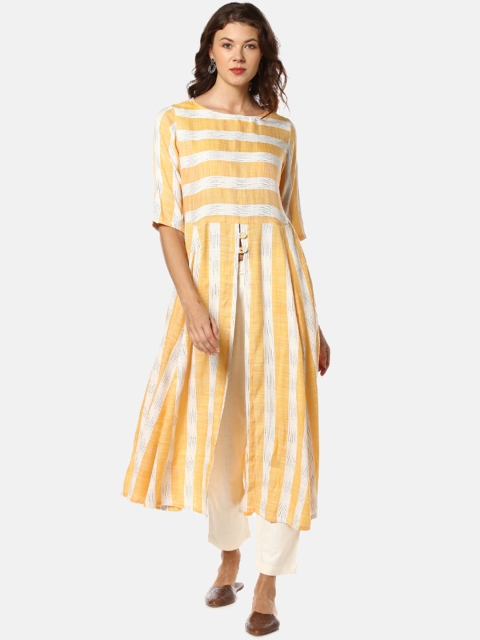 

Instafab Women Yellow & White Striped Straight Kurta