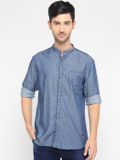 

WITH Men Blue Slim Fit Solid Casual Denim Shirt