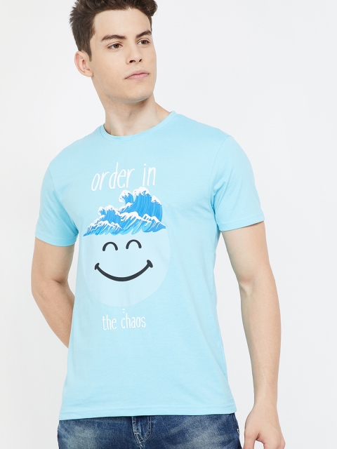 

Smiley World Men Turquoise Blue Printed Round Neck T-shirt