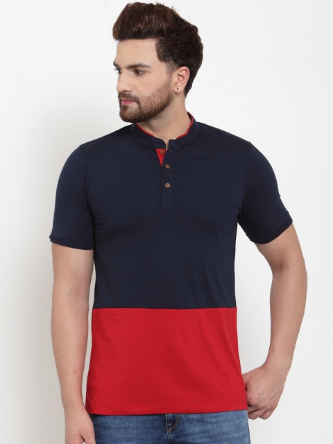 Kalt Men Red Colourblocked Mandarin Collar T-shirt