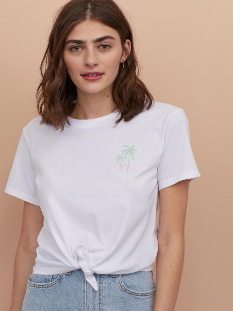 

H&M Women White Printed Tie-Hem T-shirt