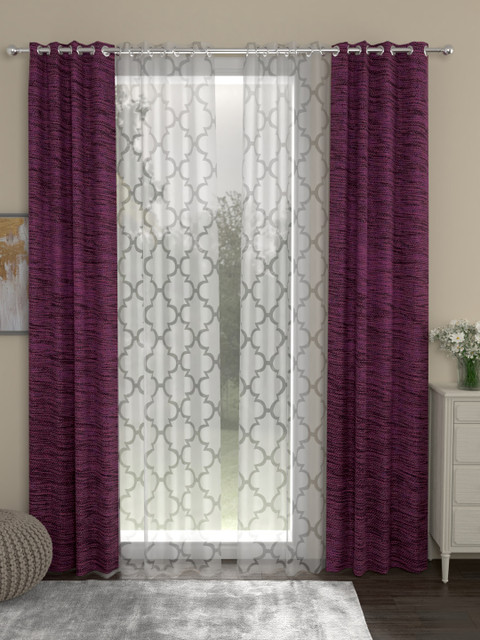 

ROSARA HOME Magenta & White Set of 4 Door Curtains