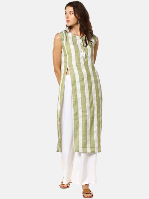 

Instafab Women Green & Off-White Striped Straight Kurta