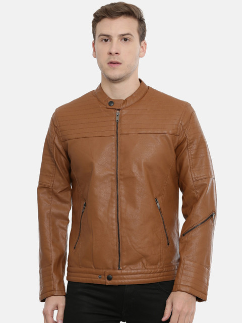 

SHOWOFF Men Coffee Brown Solid Water Resistant Leather Jacket