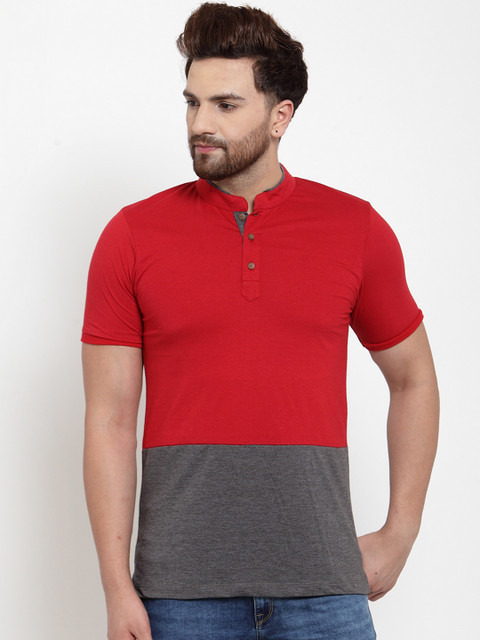 

Kalt Men Grey Colourblocked Mandarin Collar T-shirt
