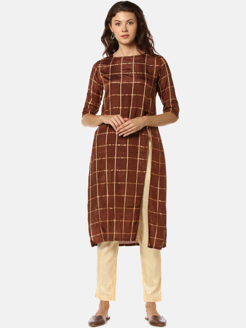 

Instafab Women Brown & Gold-Coloured Checked Straight Kurta