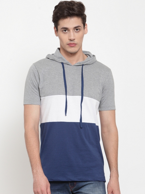 

Kalt Men Blue & Grey Melange Colourblocked Hood T-shirt