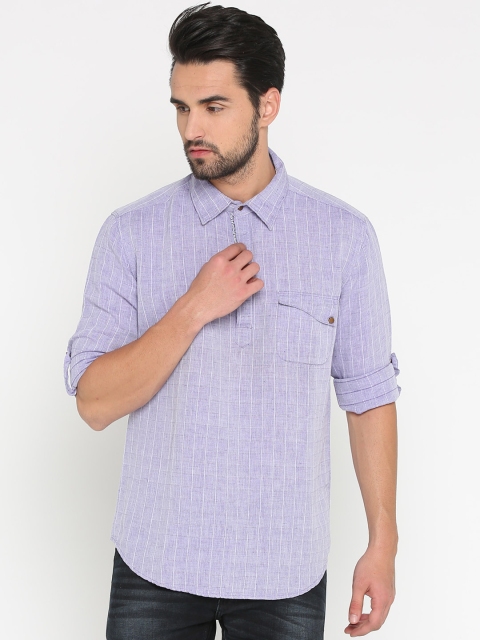 WITH Men Lavender & Off-White Slim Fit Checked Casual Shirt