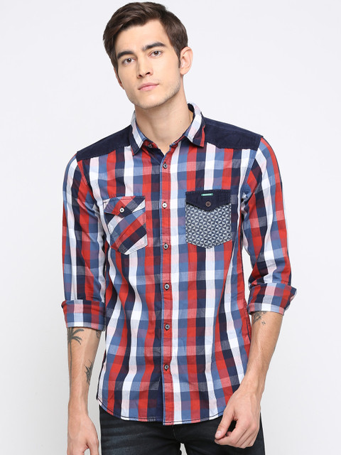 

WITH Men Coral & Off-White Slim Fit Checked Casual Shirt