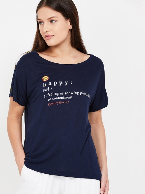 

Smiley World Women Navy Blue Printed Round Neck T-shirt