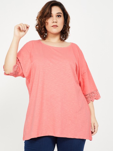 

nexus Plus Size Women Coral Pink Solid Pure Cotton Top