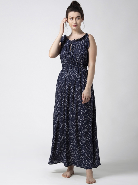 

ADORENITE Navy Blue & White Floral Printed Nightdress